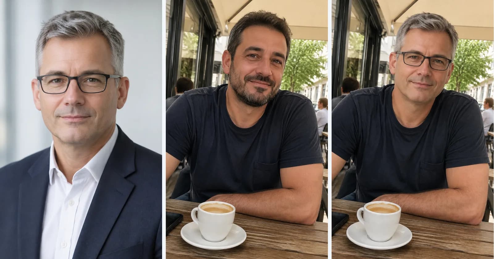 Three AI-generated photos side by side: a grey-haired man with glasses in an office headshot, a dark-haired bearded man at a café table, and the café photo with the first man's face swapped in
