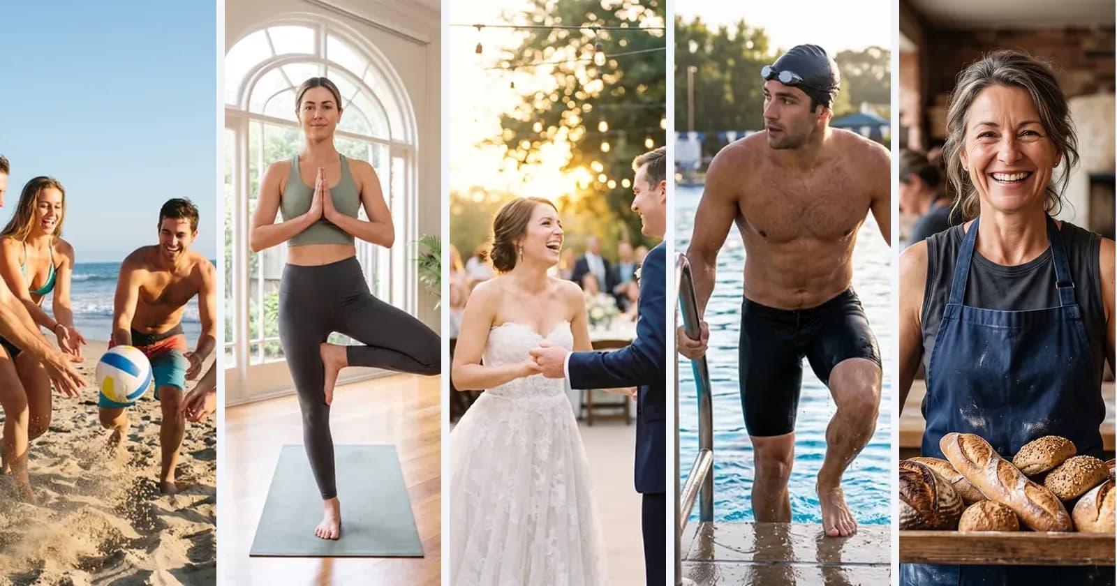 Five everyday photos with visible skin: beach volleyball, yoga, a wedding dance, a swimmer and a baker