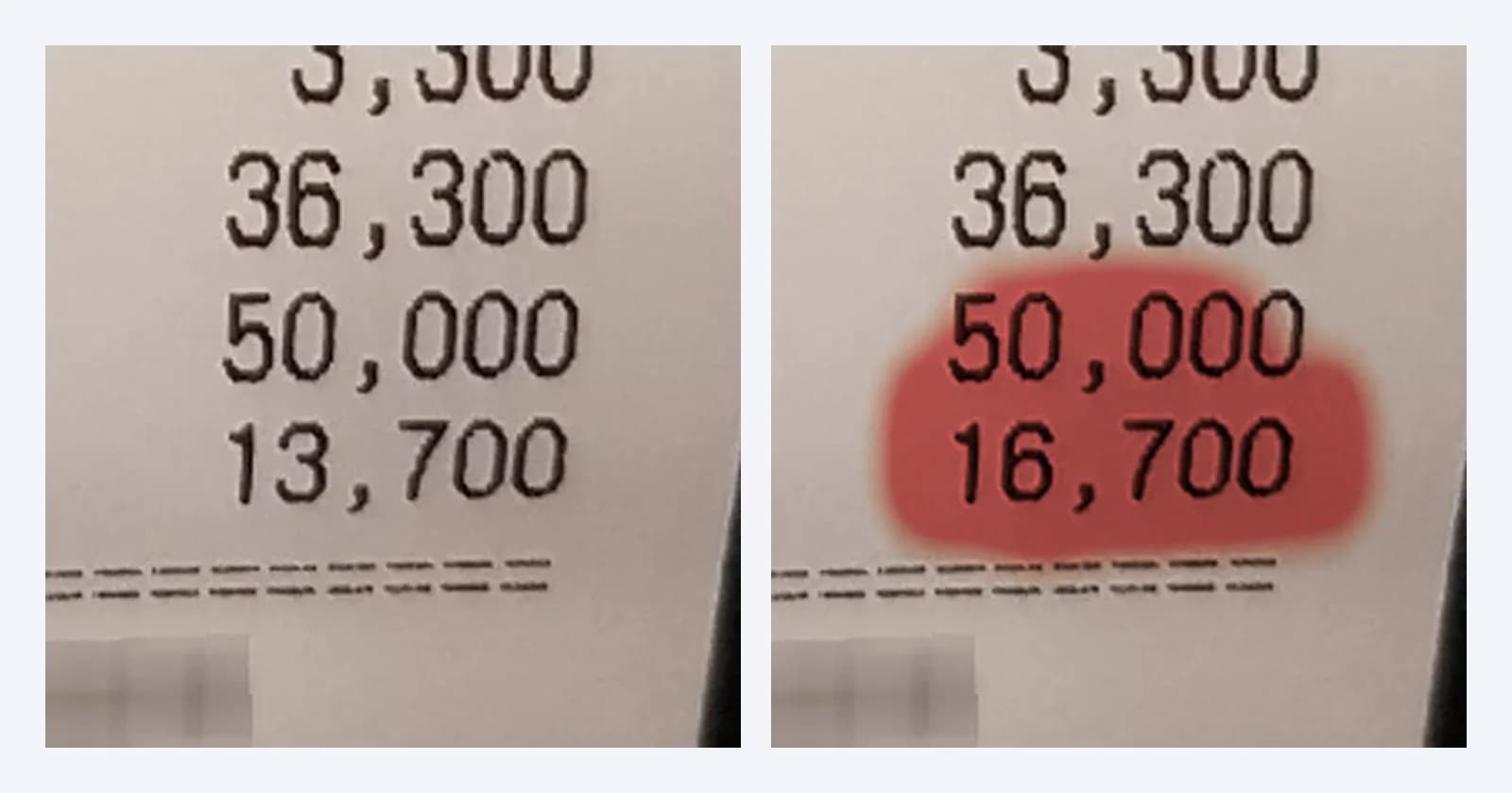 A receipt's change amount before and after an AI edit, with Sightova's forgery heatmap over the rewritten number