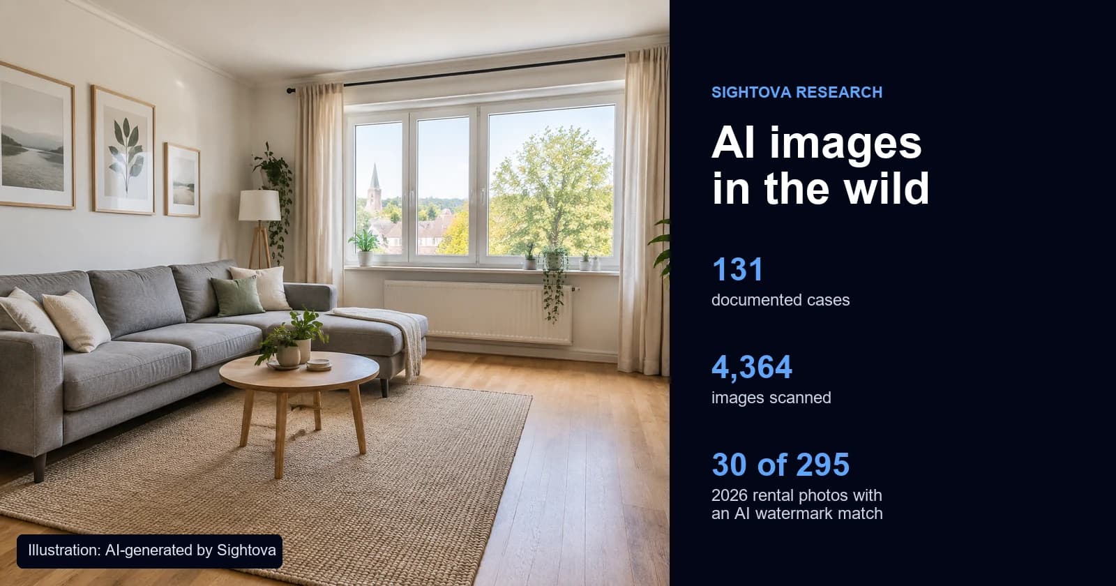 A bright AI-generated living room next to the study's headline numbers: 131 documented cases, 4,364 images scanned, 30 of 295 rental photos with an AI watermark match