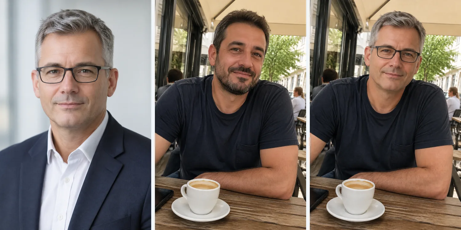 Left: man A's office headshot. Middle: man B at a café. Right: the swap, B's café photo with A's face, glasses and grey hair. All three images were generated with GPT-Image 2.5; neither man exists.