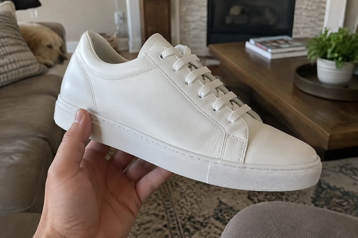 A fake customer review photo: a hand holding the white sneaker in a living room, with a sofa, a sleeping dog and a coffee table behind it. Generated with GPT-Image 2.5; none of it exists.
