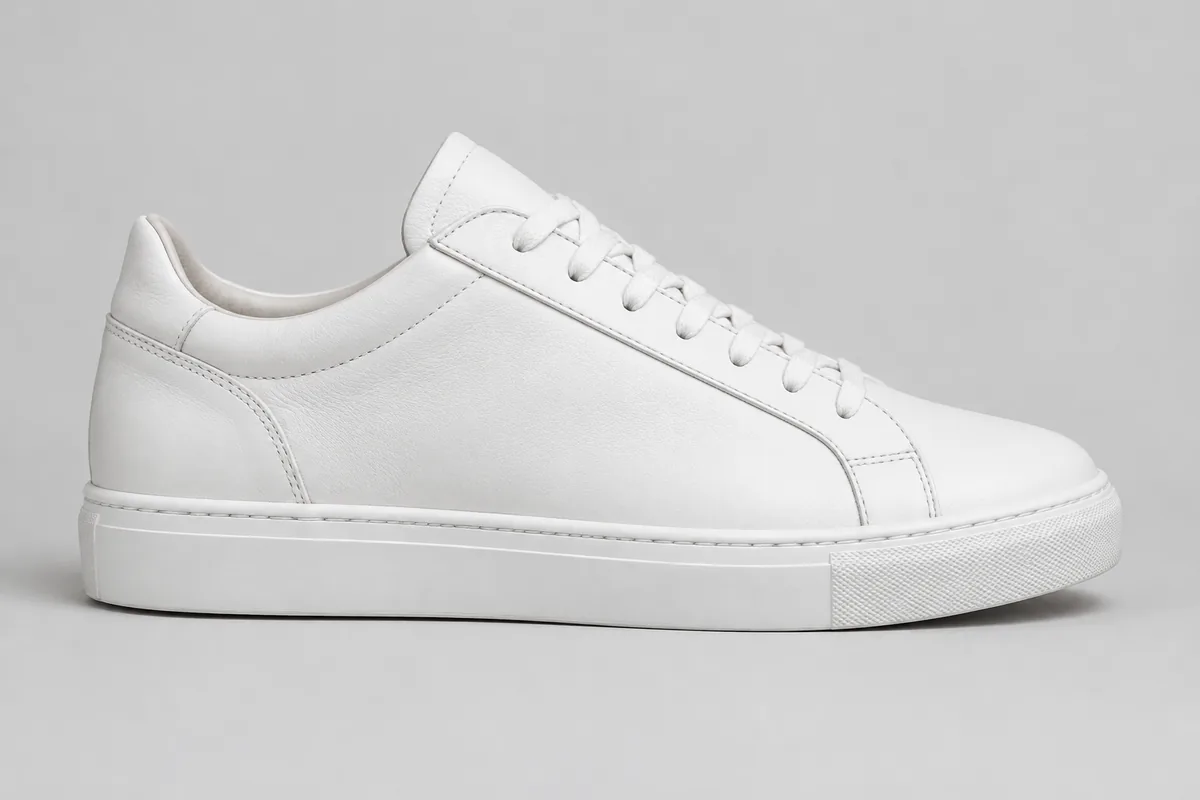 A white leather sneaker on a grey studio background, generated with GPT-Image 2.5. The shoe has never been manufactured.