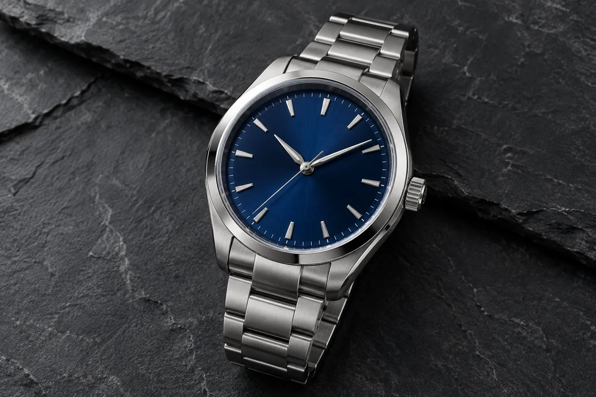 A steel watch with a sunburst blue dial lying on dark slate, generated with GPT-Image 2.5. No such watch exists.