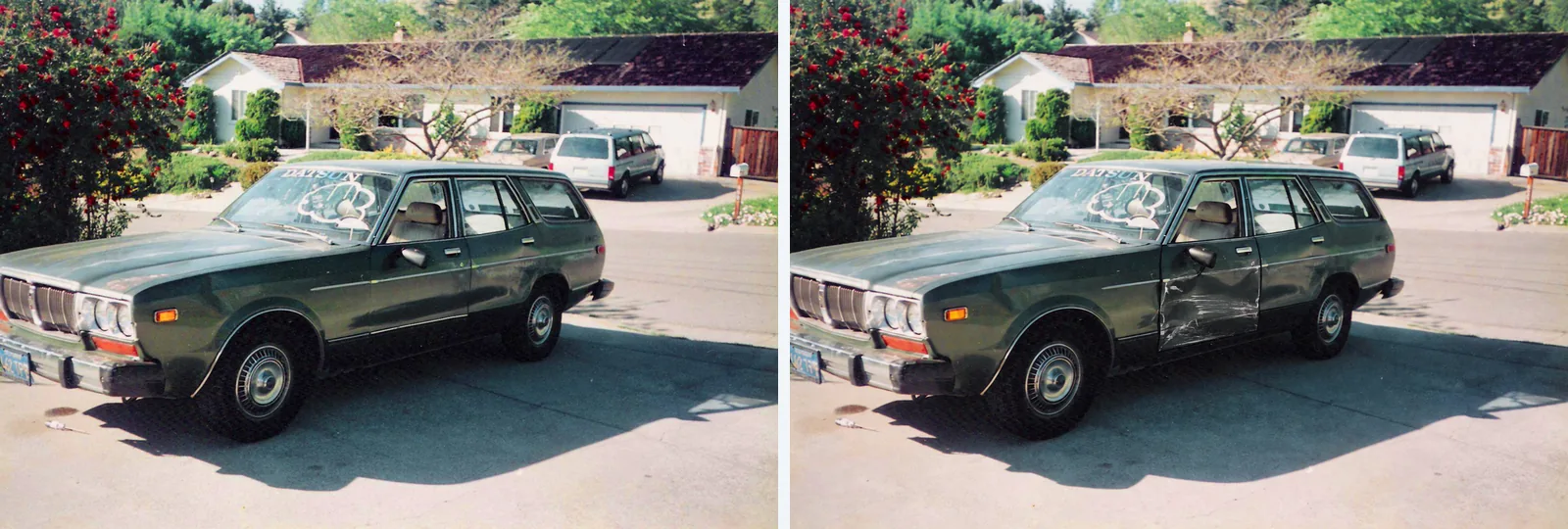 Left: the real photo of the green station wagon, undamaged. Right: the same photo after GPT-Image 2.5 added a large dent with scraped paint to the driver's door.