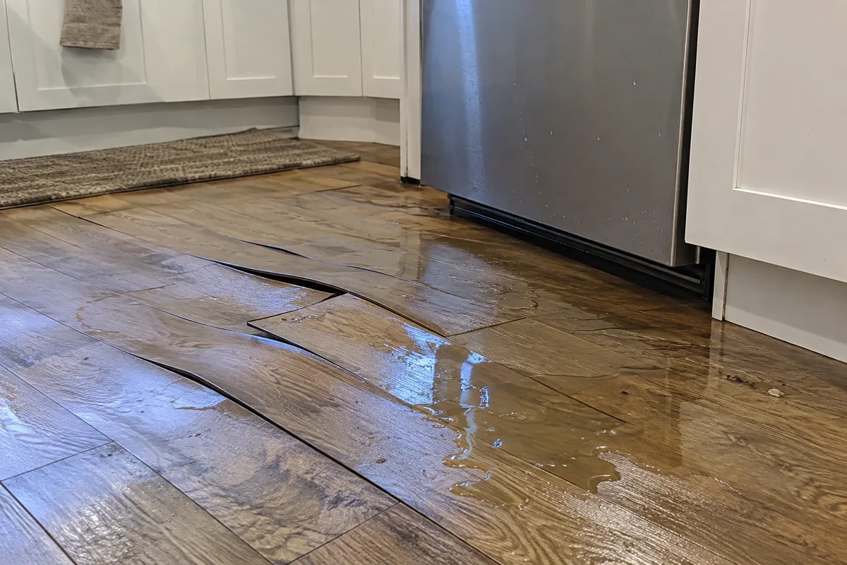A fully generated water-damage claim photo: buckled wooden floorboards and standing water in a kitchen that does not exist. V3 scored it 95.31%.