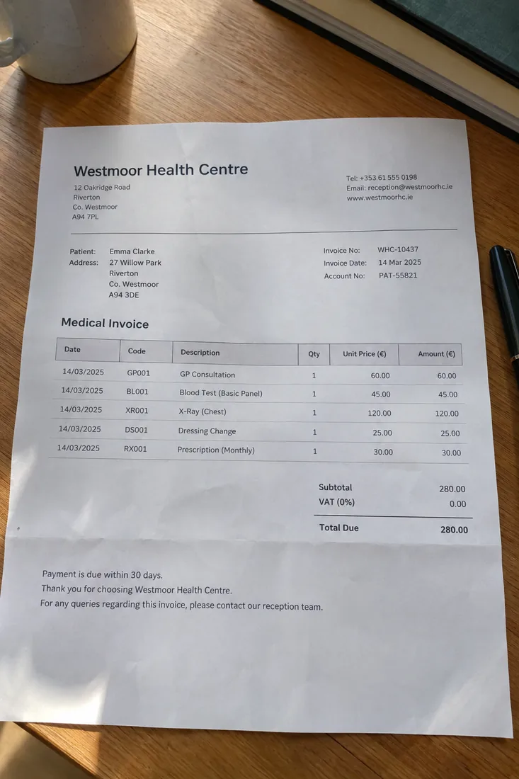 A photo of a printed medical bill from the fictional Westmoor Health Centre on a wooden desk, generated from a text prompt with GPT-Image 2.5. The clinic, the patient and the bill do not exist.