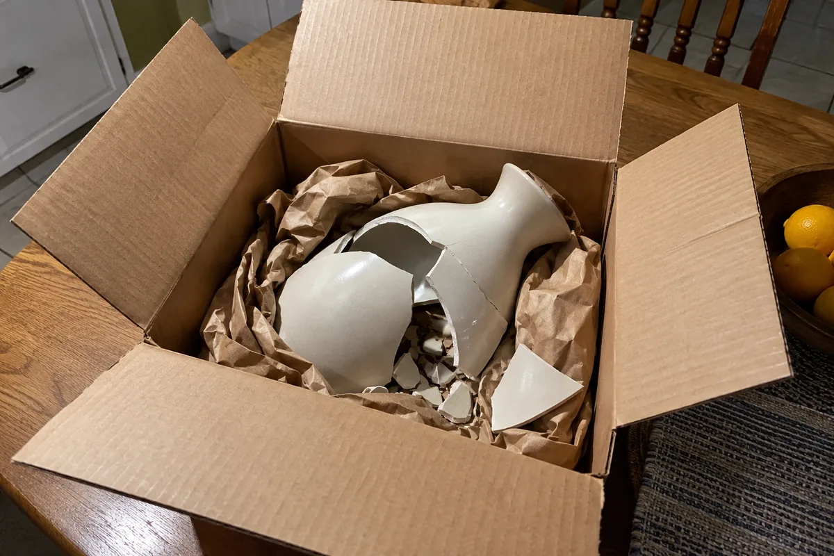 A broken white vase in an opened shipping box on a kitchen table, generated from a text prompt with GPT-Image 2.5. Neither the vase nor the box exists.