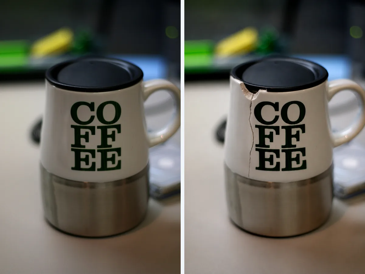 The real mug photo (left) and the edited copy (right), with a chip in the rim and a hairline crack running down the side.