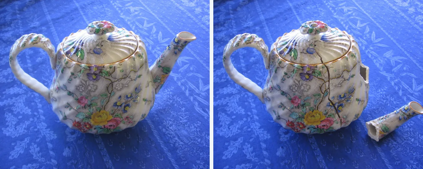 The real teapot photo (left) and the GPT-Image 2.5 edit (right): the spout lies snapped off beside the pot and a crack runs down the body.