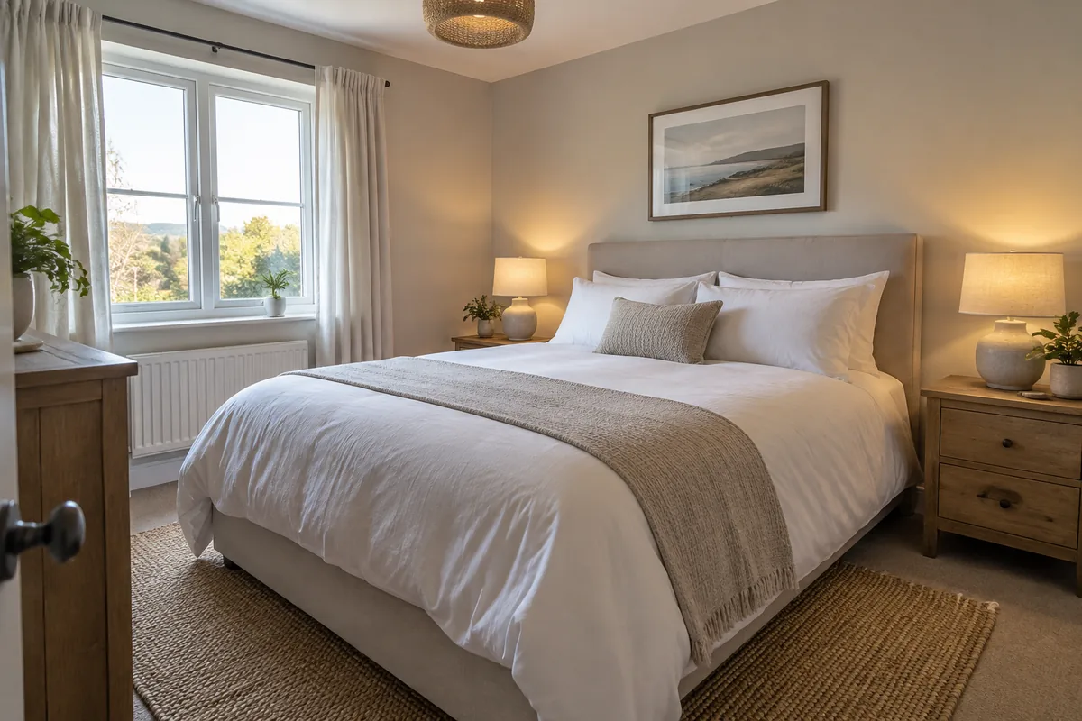 The listing's bedroom, with both bedside lamps lit. Like the other three photos, it carried OpenAI's watermark and signed credentials.