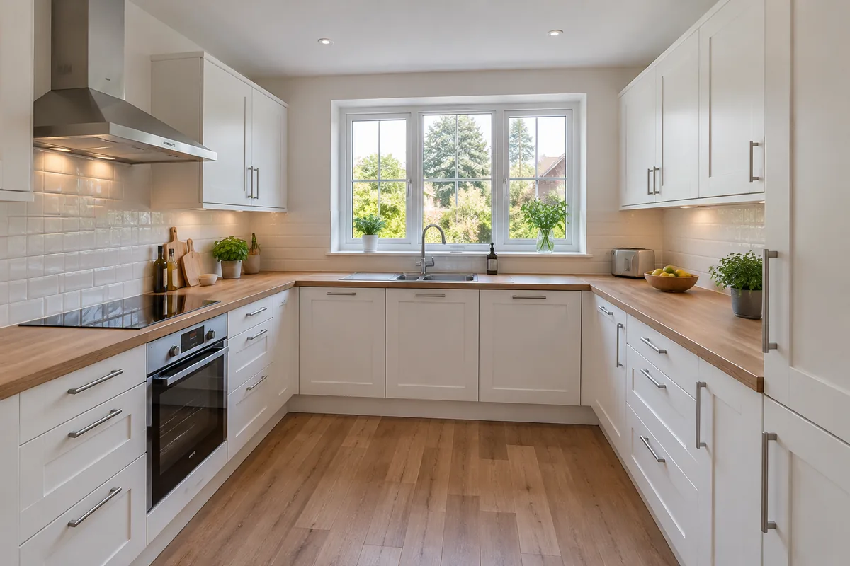 The kitchen: white cabinets, wooden countertops and a window over the sink looking onto a garden. Generated with GPT-Image 2.5.