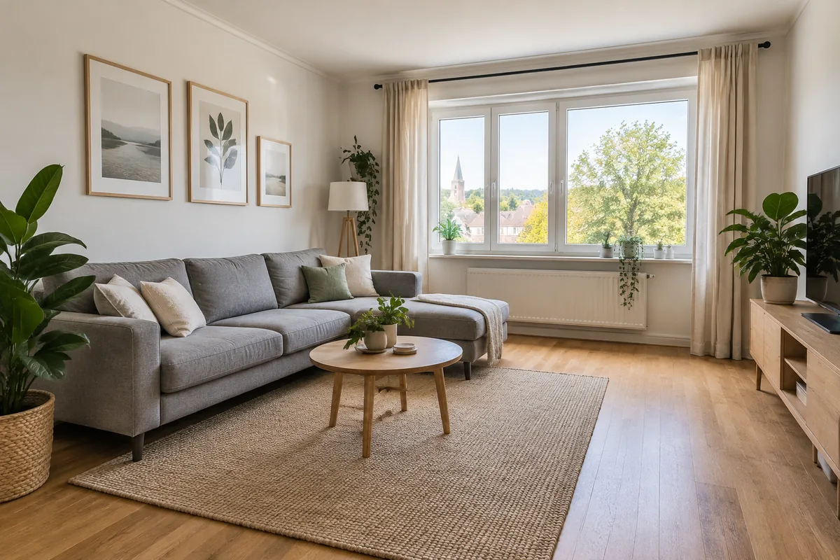 The listing's living room. Because the image was generated rather than copied, there is no earlier copy online for a reverse image search to find.